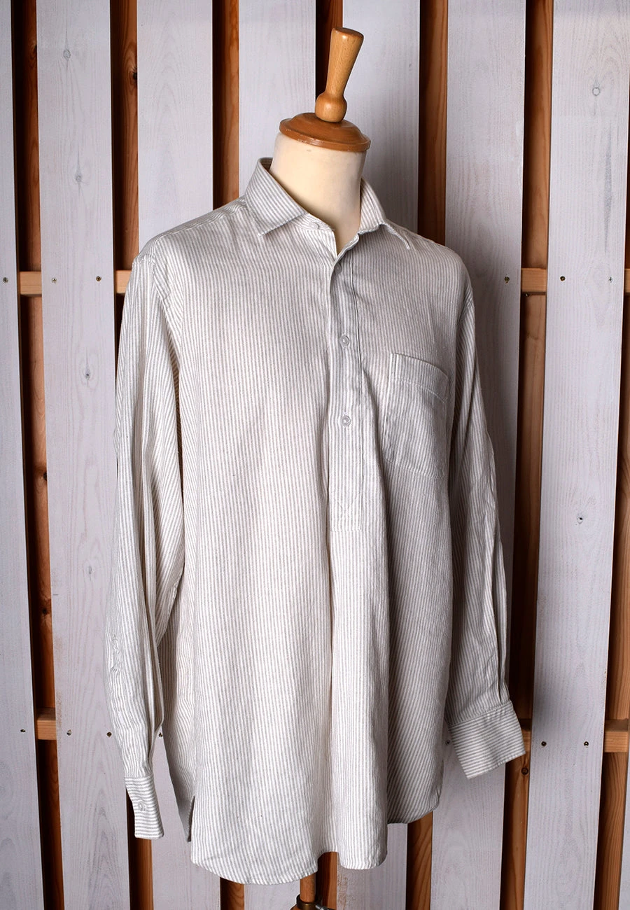 Linen / Cotton Stripe Grandad Work Shirt With Pocket - Collar Attached Or Collarless (SH2210PA) 2 Linen / Cotton Stripe Grandad Work Shirt With Pocket - Collar Attached Or Collarless (SH2210PA) - Image 2