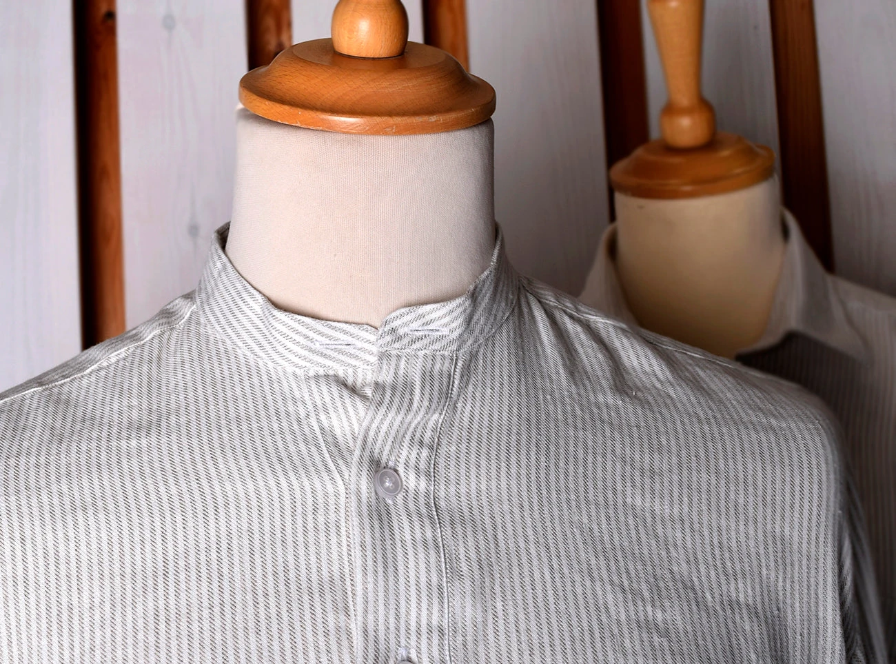 Linen / Cotton Stripe Grandad Work Shirt With Pocket - Collar Attached Or Collarless (SH2210PA) 6 Linen / Cotton Stripe Grandad Work Shirt With Pocket - Collar Attached Or Collarless (SH2210PA) - Image 6