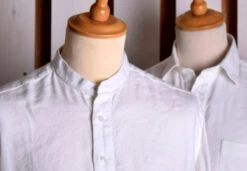 White Linen / Cotton Herringbone Shirt With Pocket - Classic Collar Or Collarless (SH2211PA)